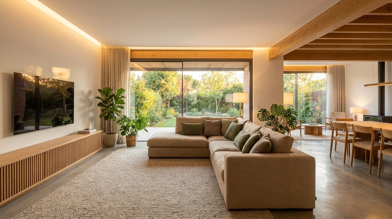 Sala interior com luz natural e acabamentos premium