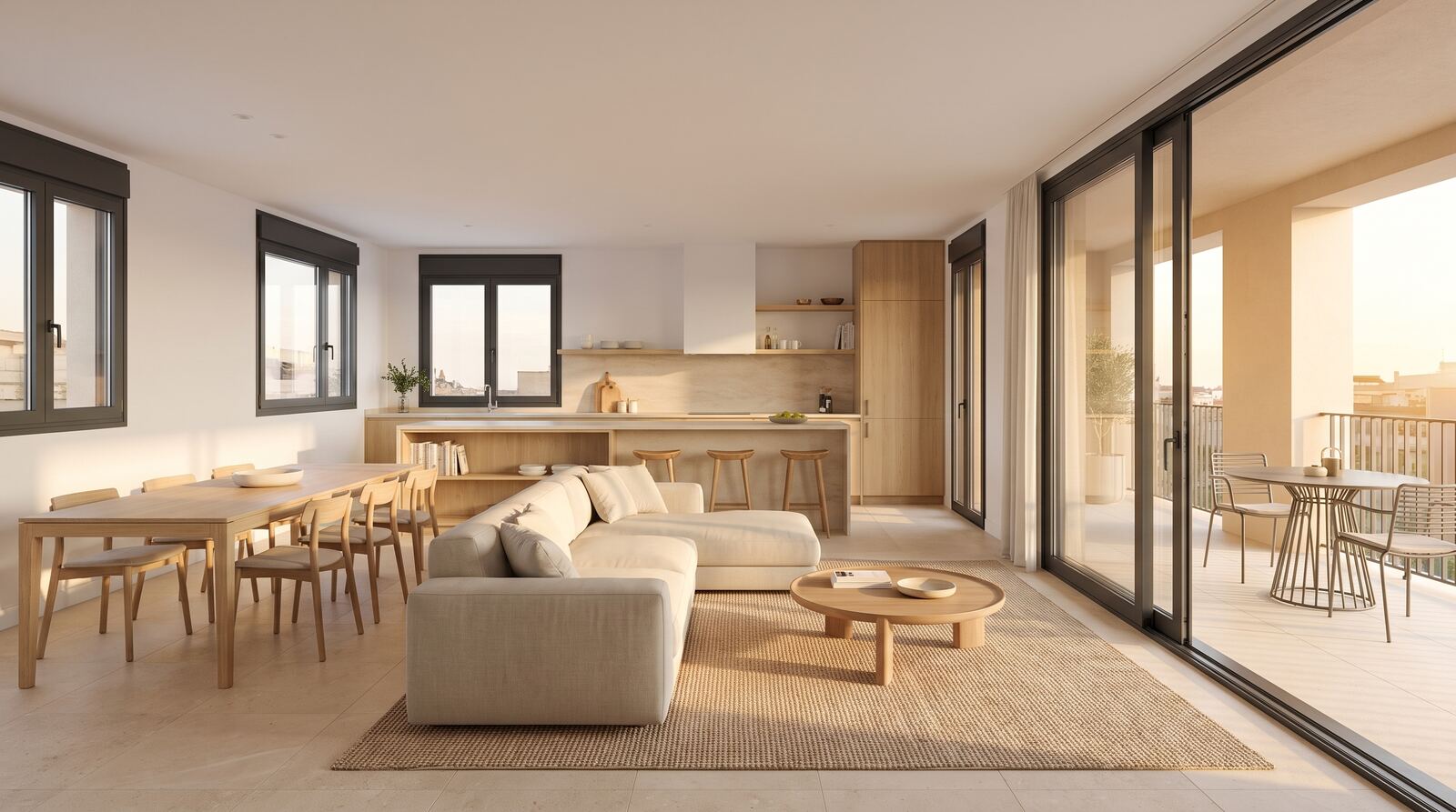 Sala interior com luz natural e acabamentos premium