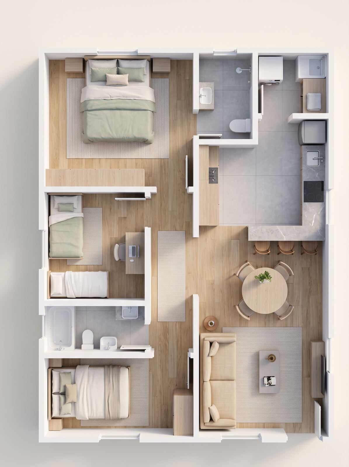 Planta humanizada do modelo Barcelos — casa modular T3 de ≈77 m²