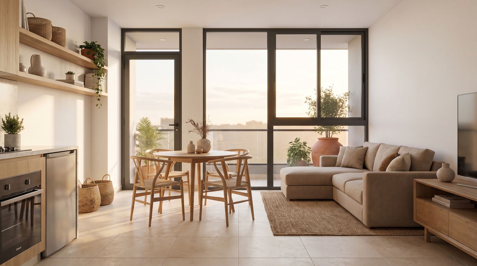 Sala interior com luz natural e acabamentos premium