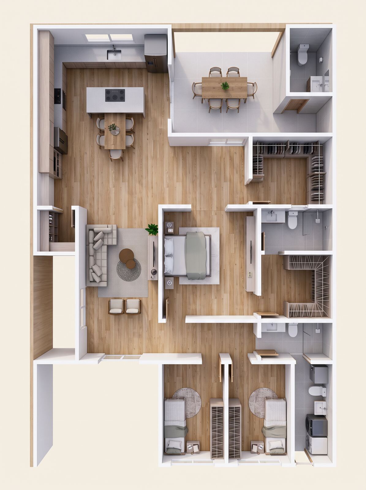 Planta humanizada do modelo Coimbra — casa modular T3 de ≈115 m²