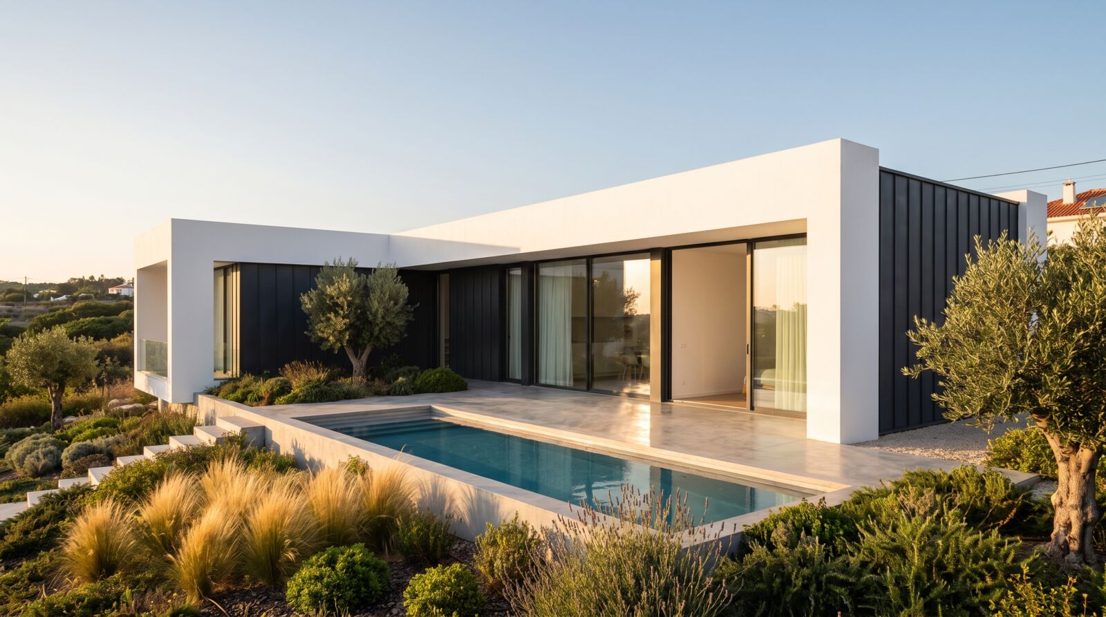 Casa modular LSF branco e antracite com piscina ao pôr do sol
