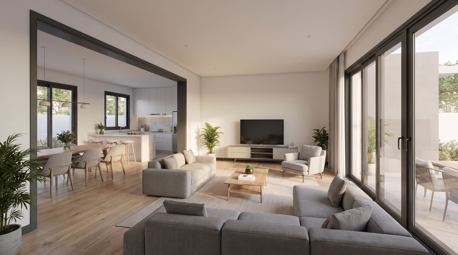 Sala interior com luz natural e acabamentos premium