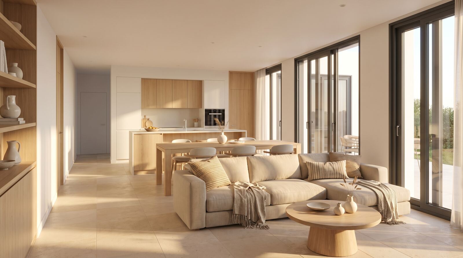 Sala interior com luz natural e acabamentos premium
