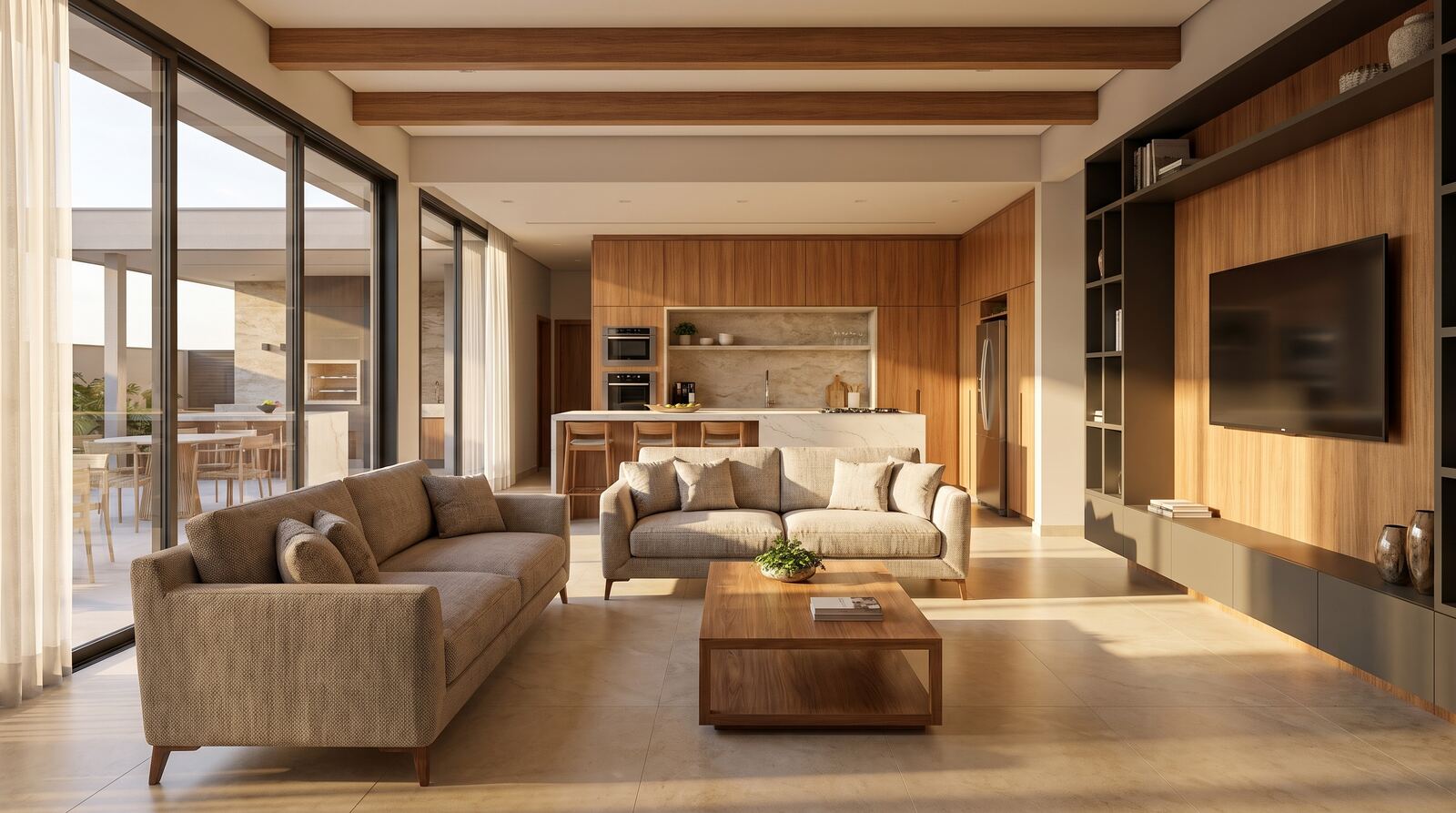 Sala interior com luz natural e acabamentos premium