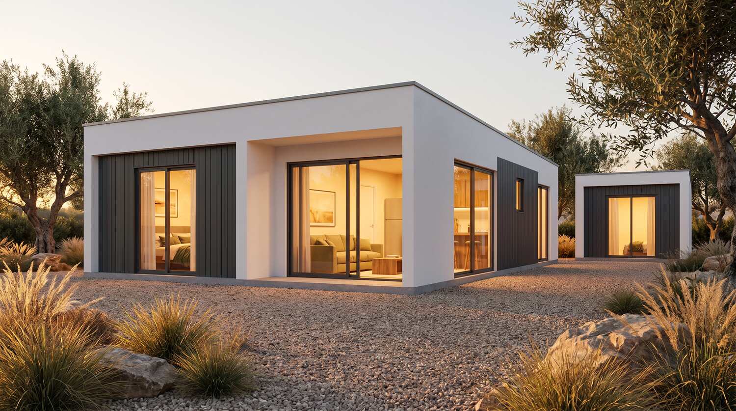 Modelo Mértola — casa modular LSF branco e antracite