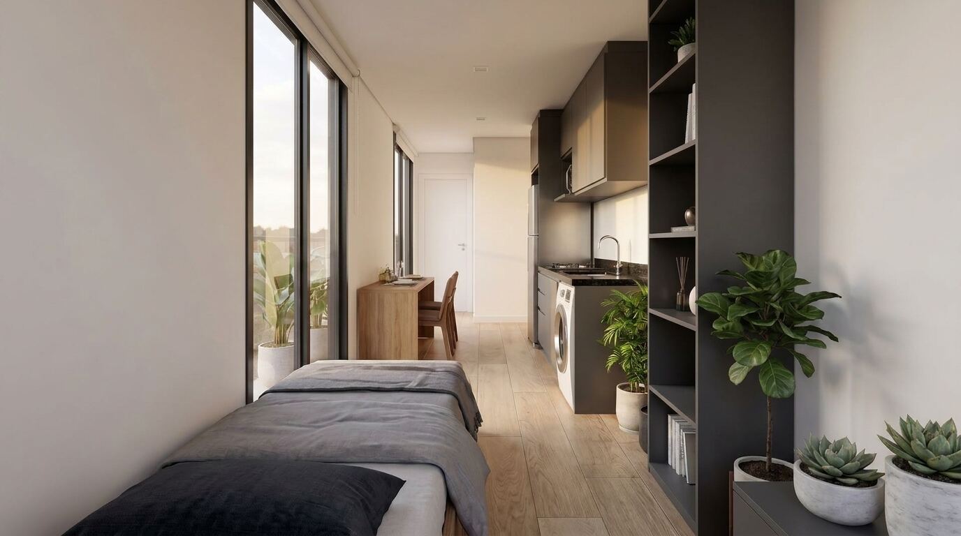 Kitchenette e zona de dormir do estúdio