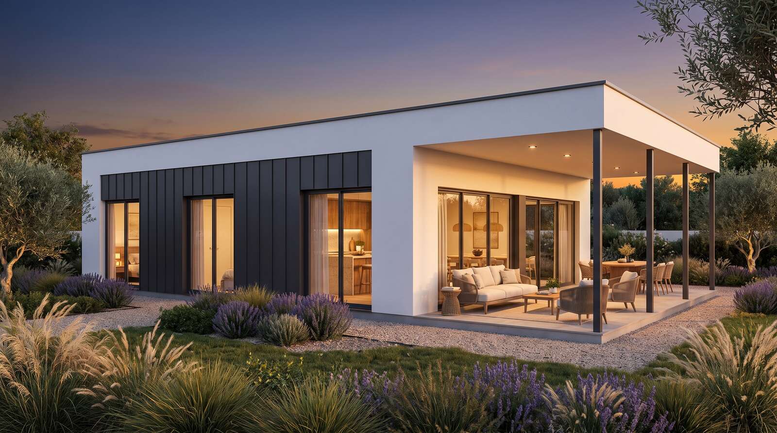 Modelo Ourém — casa modular LSF branco e antracite