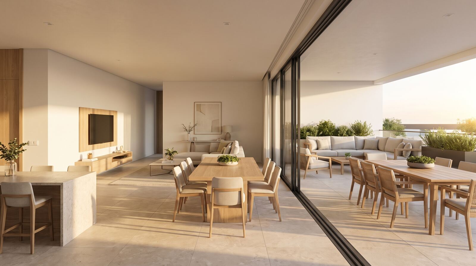 Sala interior com luz natural e acabamentos premium