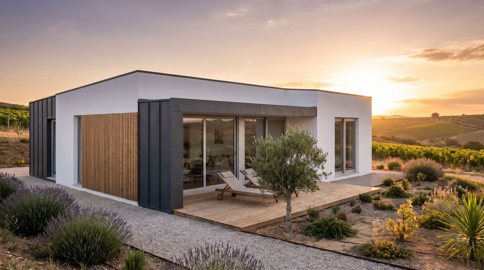 Modelo Palmela — casa modular LSF branco e antracite