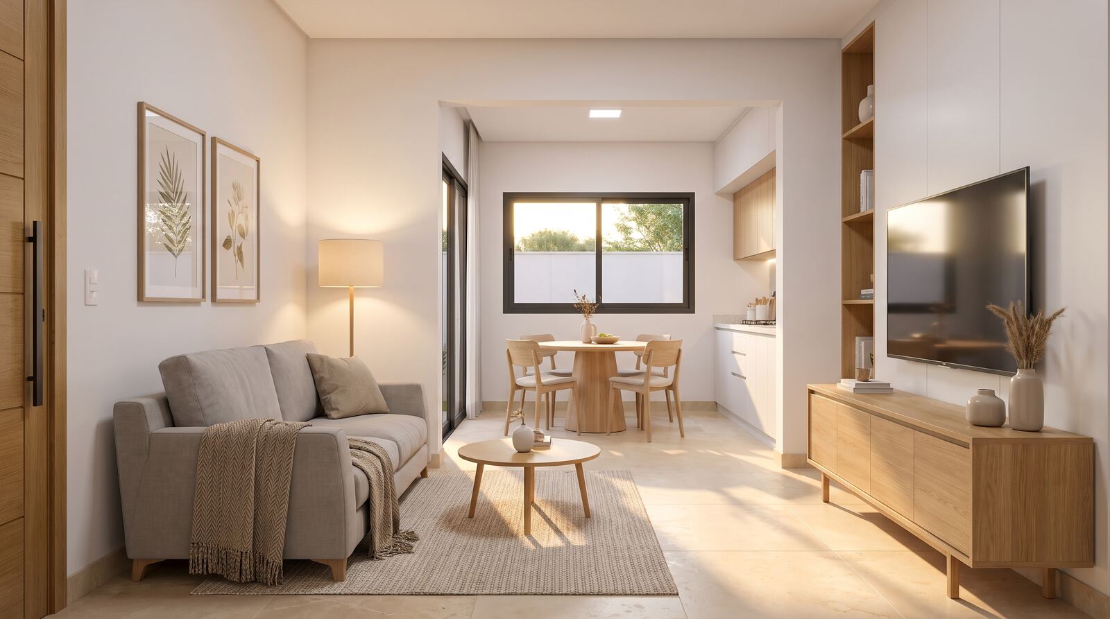 Sala interior com luz natural e acabamentos premium