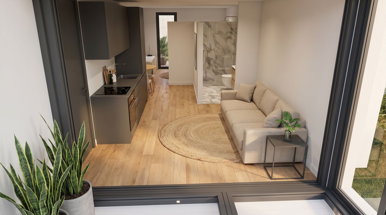Sala interior com luz natural e acabamentos premium