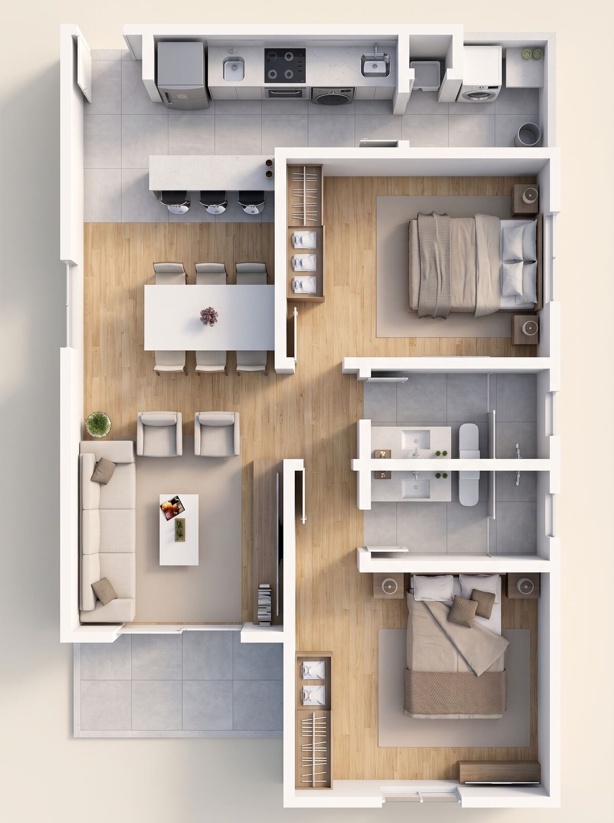 Planta humanizada do modelo Santarém — casa modular T2 de ≈75 m²