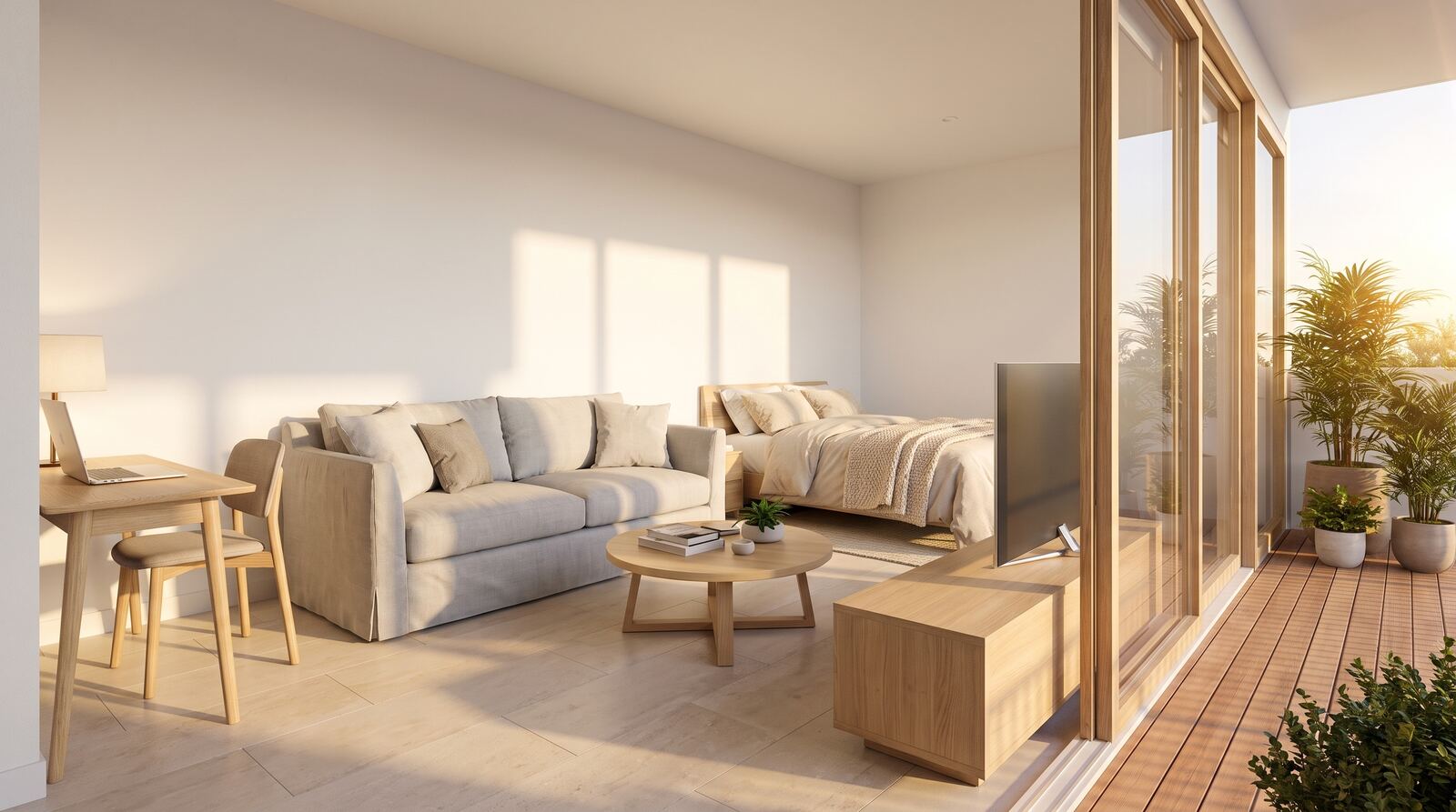 Sala interior com luz natural e acabamentos premium
