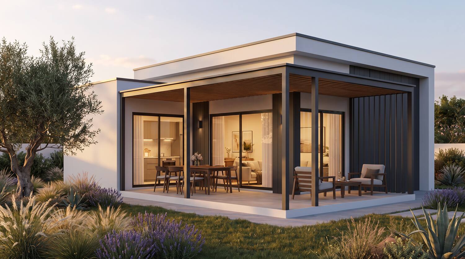 Modelo Tomar — casa modular LSF branco e antracite