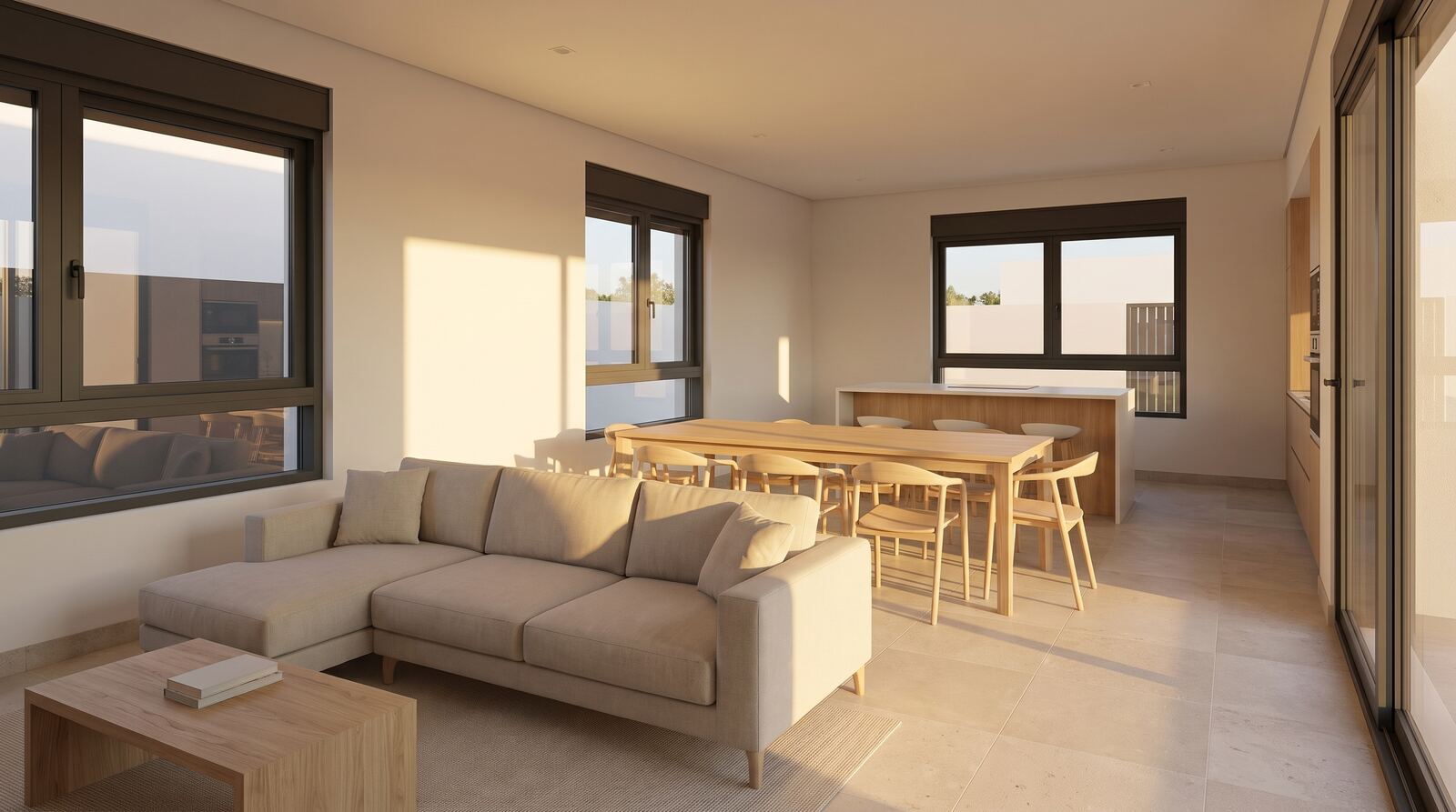Sala interior com luz natural e acabamentos premium