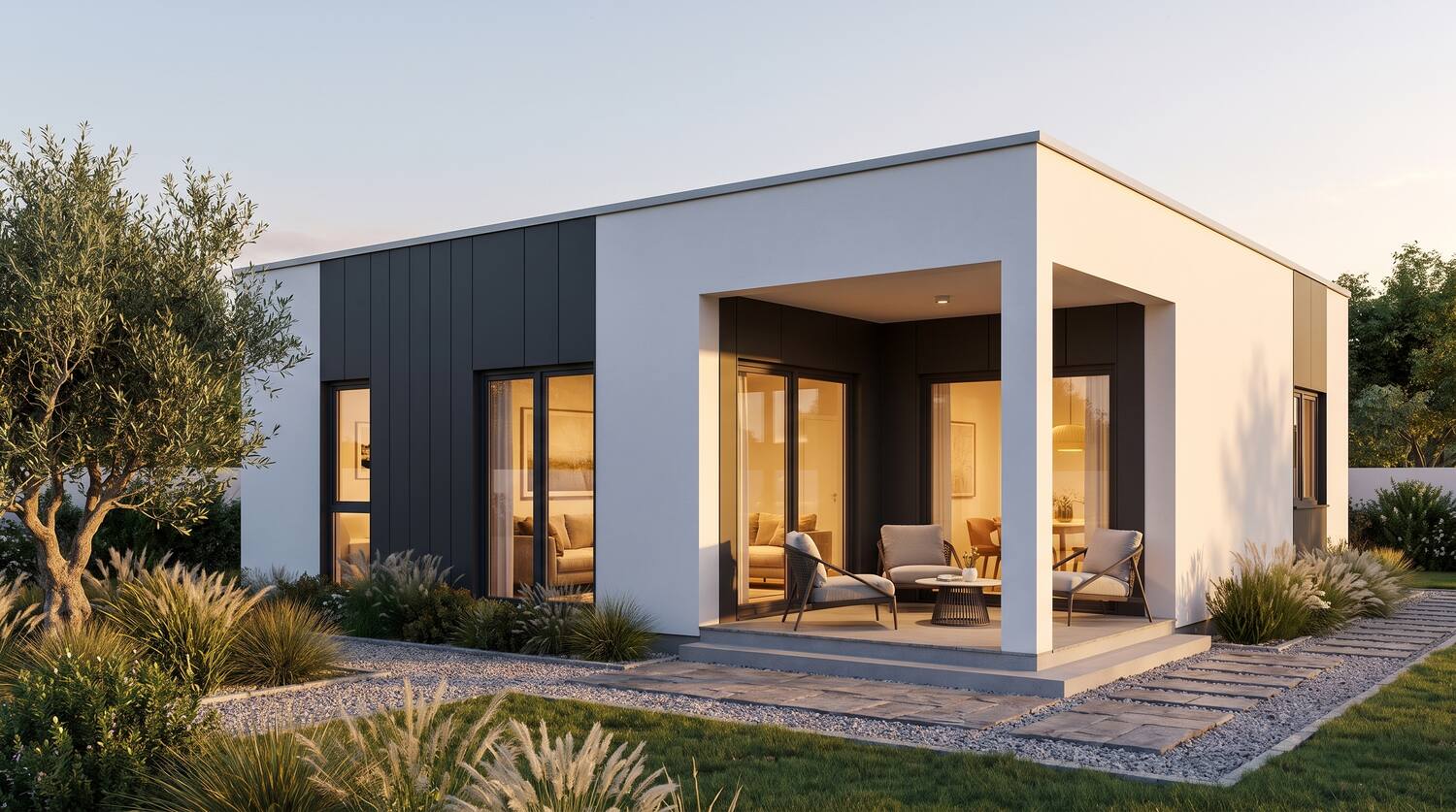 Modelo Viana — casa modular LSF branco e antracite