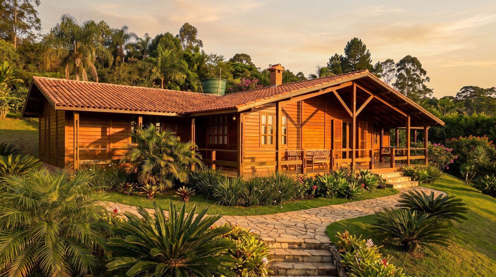 Casa de madeira maciça ao pôr do sol