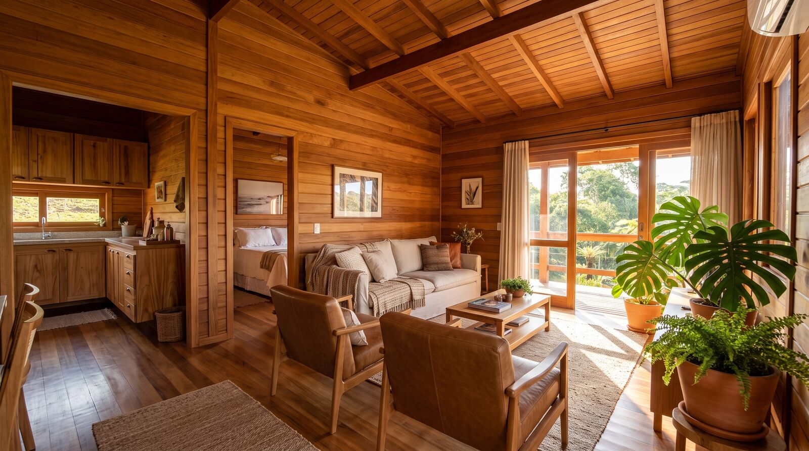 Sala interior com luz natural e acabamentos premium