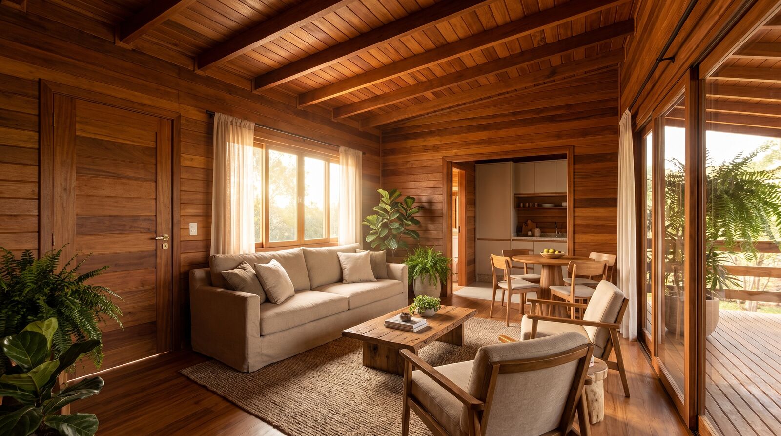 Sala interior com luz natural e acabamentos premium