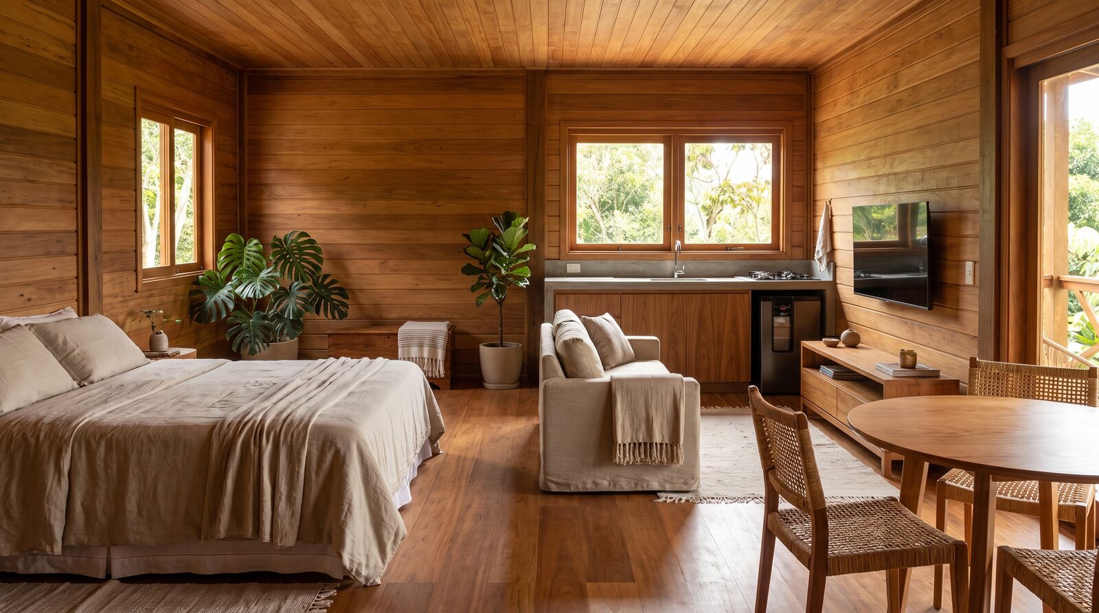 Sala interior com luz natural e acabamentos premium
